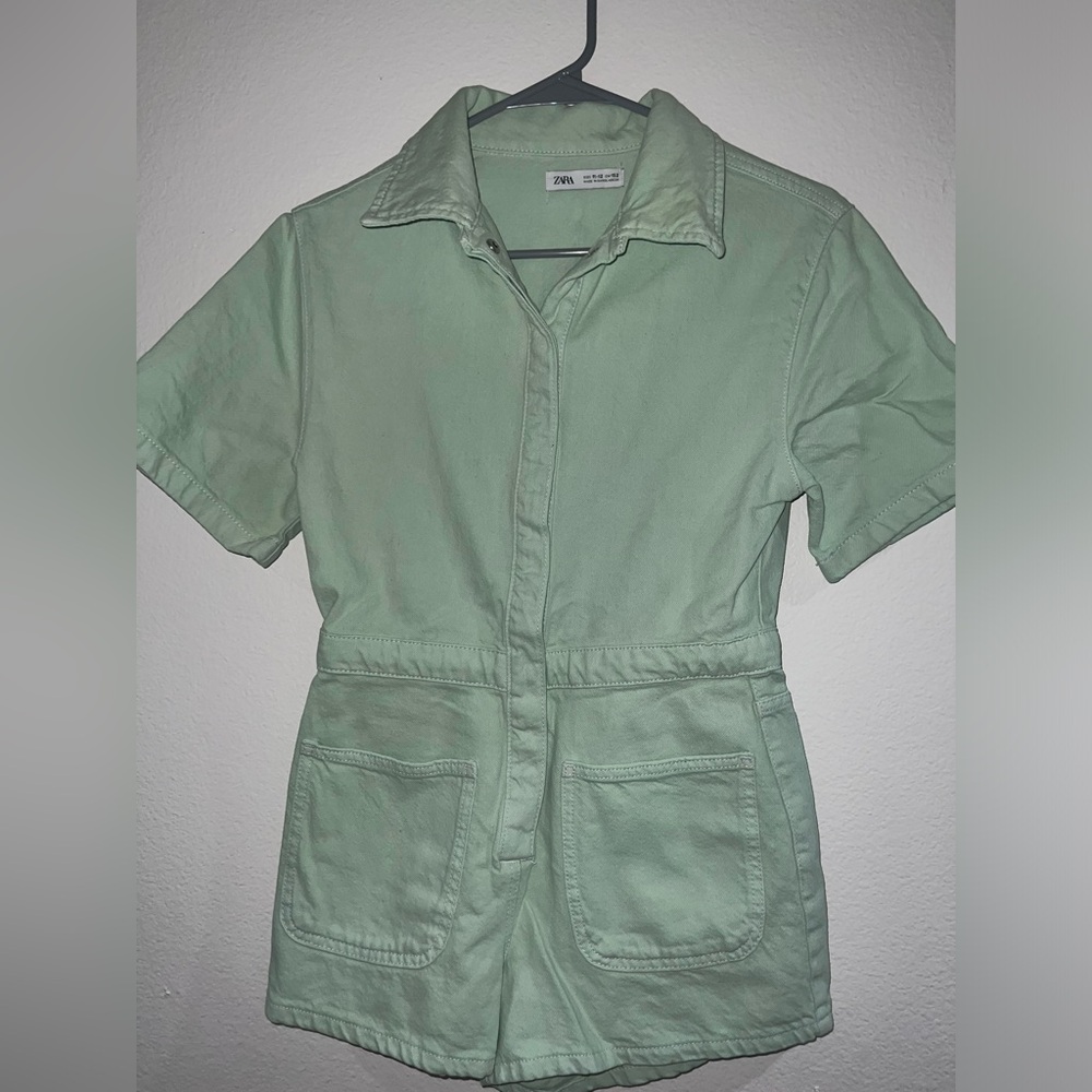 Mint Green Zara  Denim Jumpsuit Romper Shorts